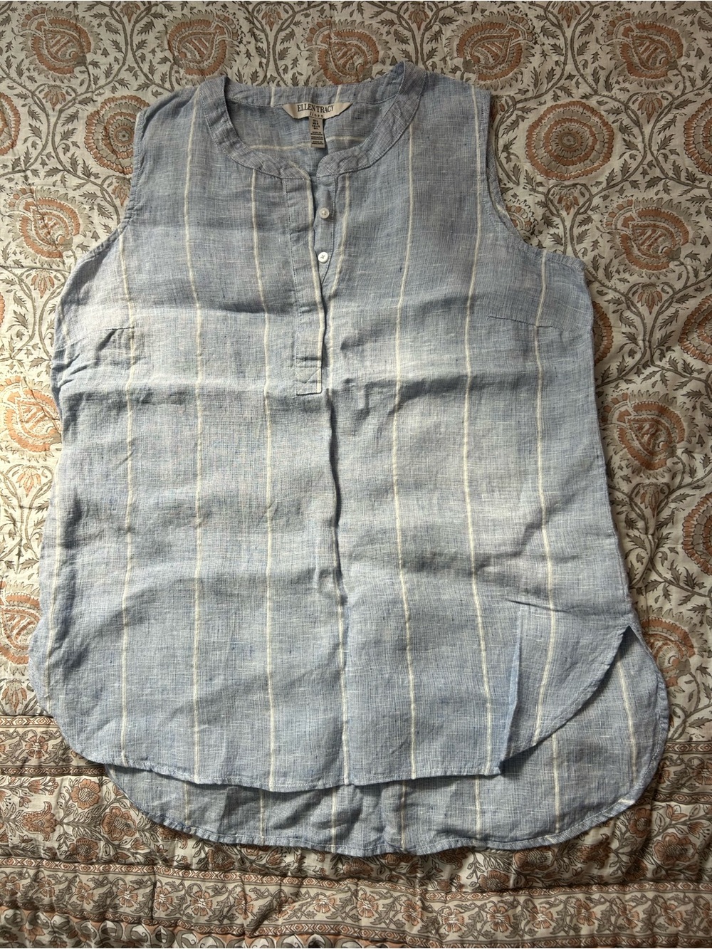 Ellen Tracy Light Blue Striped Sleeveless Henley